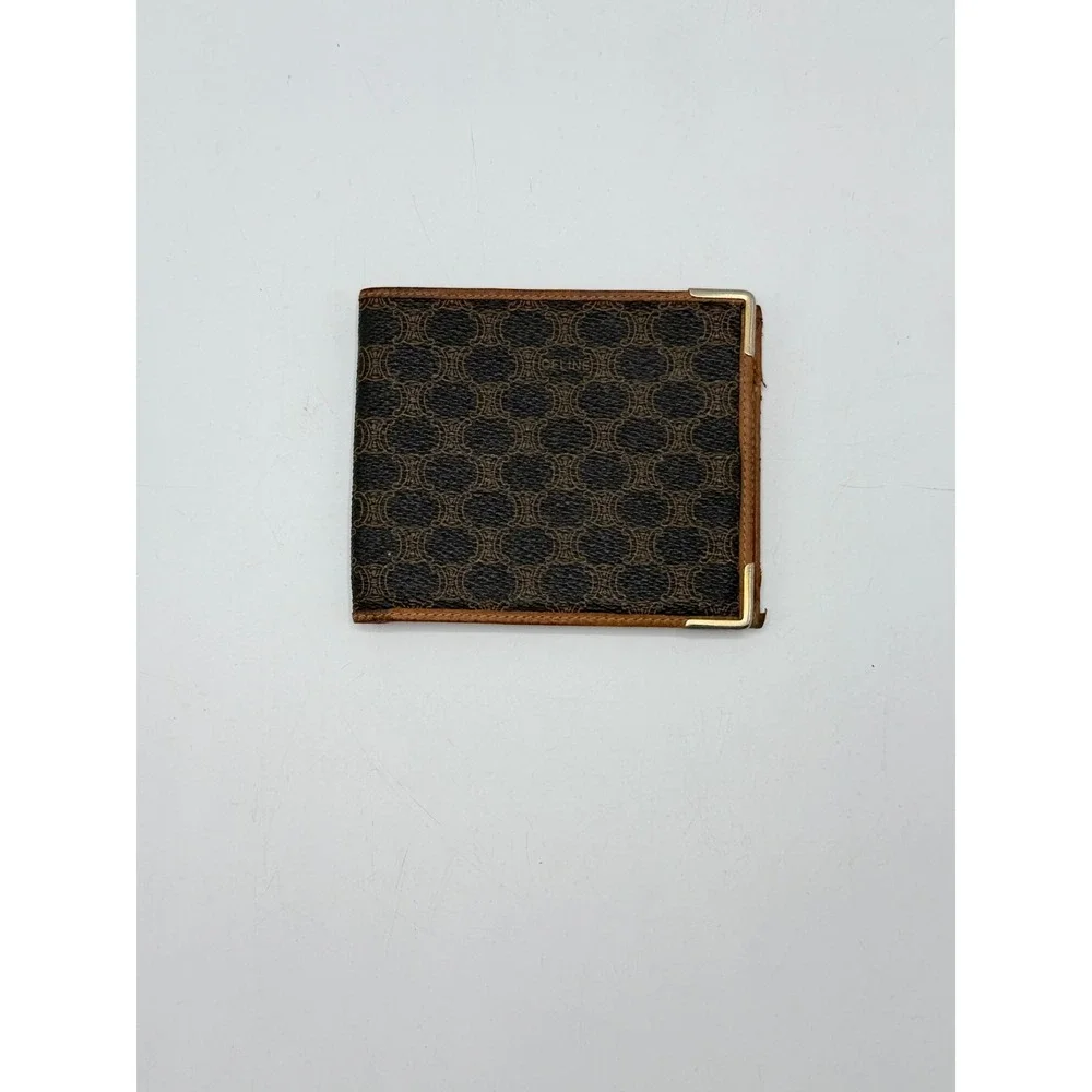 CELINE M06 Vintage Macadam Bifold Wallet Brown Leather Trim Coin Pocket AS IS